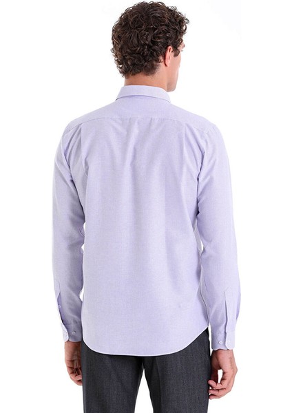 Lila Comfort Fit Çizgili Pamuklu Slim Yaka Uzun Kollu Casual Gömlek