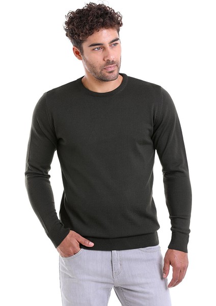Haki Comfort Fit Düz Bisiklet Yaka Yünlü Kazak