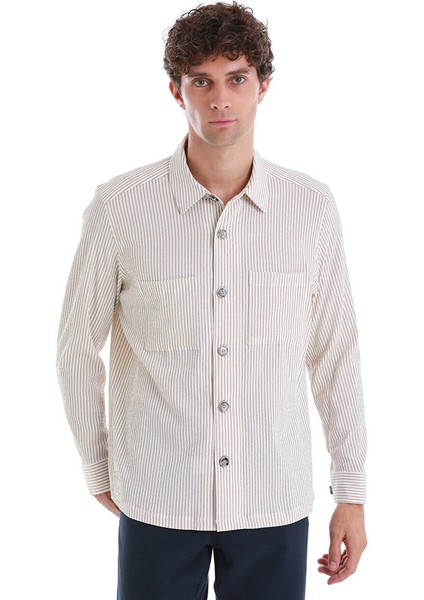 Bej Klasik Fit Çizgili Uzun Kollu Overshirt Gömlek