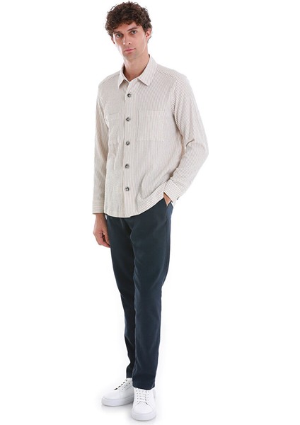 Bej Klasik Fit Çizgili Uzun Kollu Overshirt Gömlek fiyatları