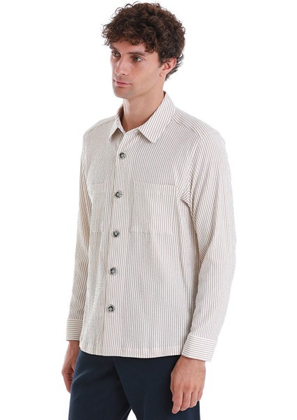Bej Klasik Fit Çizgili Uzun Kollu Overshirt Gömlek modelleri