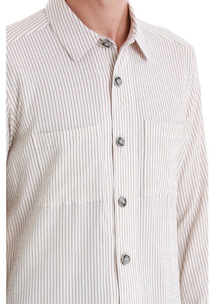 Bej Klasik Fit Çizgili Uzun Kollu Overshirt Gömlek indirimleri