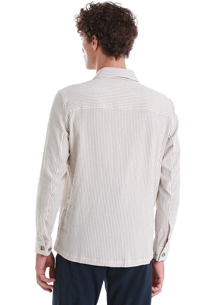 Bej Klasik Fit Çizgili Uzun Kollu Overshirt Gömlek