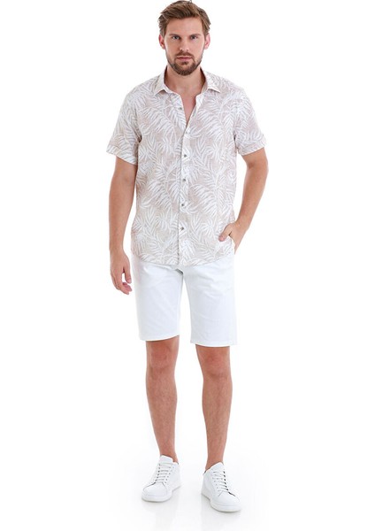 Bej Comfort Fit Baskılı 100% Pamuk Slim Yaka Kısa Kollu Gömlek fiyatları