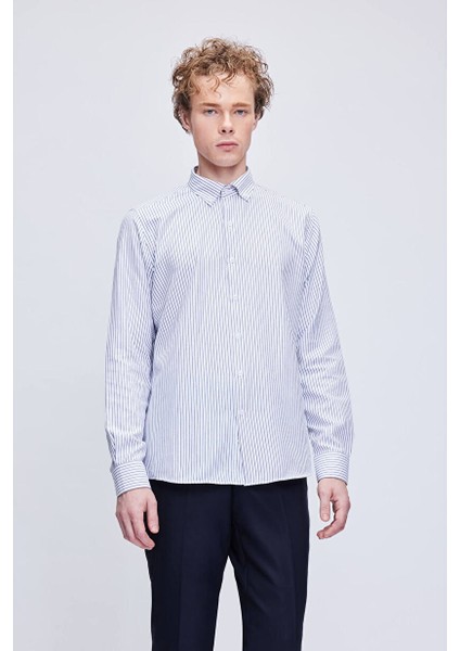 Siyah Comfort Fit Çizgili Pamuklu Düğmeli Yaka Uzun Kollu Casual Gömlek 24D19ETC0001_102