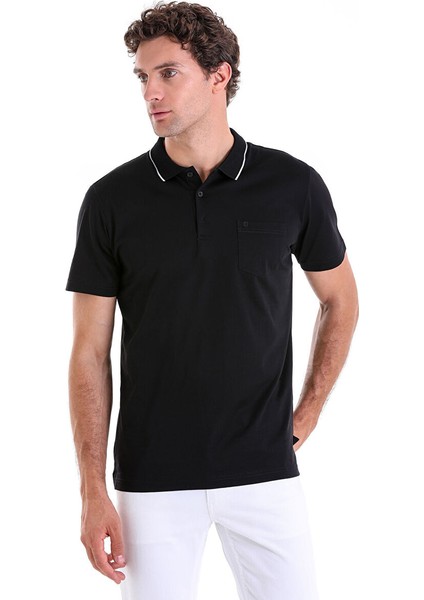 Siyah Regular Fit Düz Merserize Polo Yaka 100% Pamuk Tişört