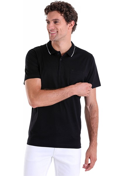 Siyah Regular Fit Düz Merserize Polo Yaka 100% Pamuk Tişört