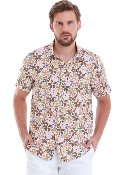 Kahverengi Comfort Fit Baskılı 100% Pamuk Slim Yaka Kısa Kollu Gömlek