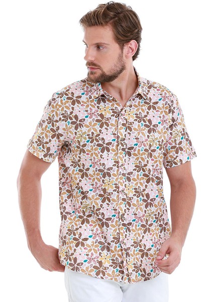 Kahverengi Comfort Fit Baskılı 100% Pamuk Slim Yaka Kısa Kollu Gömlek modelleri