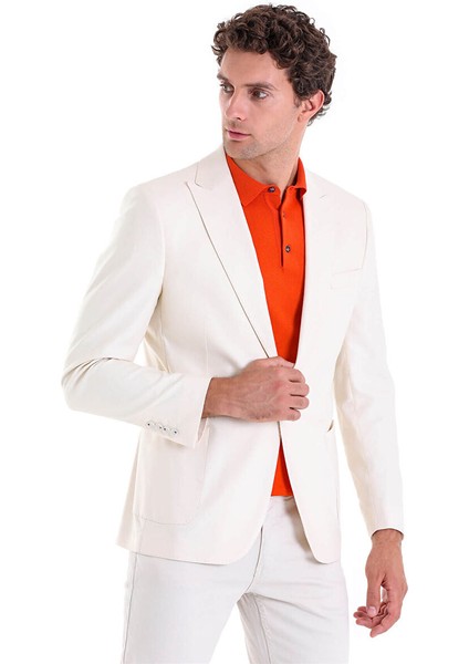 Ekru Comfort Fit Düz Mono Yaka Casual Keten Ceket