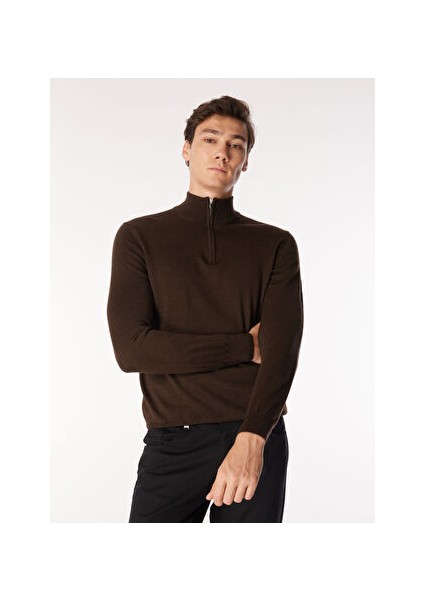 Kahve Erkek Fermuarlı Slim Fit Kazak WM63_ZMG9