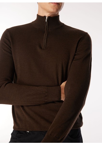 Kahve Erkek Fermuarlı Slim Fit Kazak WM63_ZMG9
