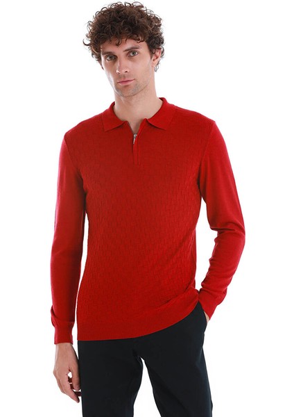 Kırmızı Regular Fit Jakarlı Polo Yaka Yünlü Triko Kazak