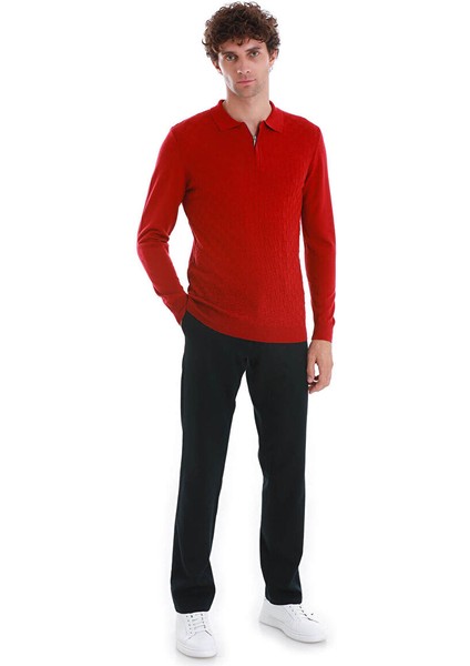Kırmızı Regular Fit Jakarlı Polo Yaka Yünlü Triko Kazak