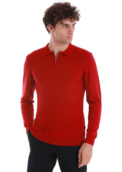 Kırmızı Regular Fit Jakarlı Polo Yaka Yünlü Triko Kazak