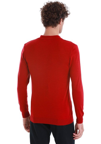 Kırmızı Regular Fit Jakarlı Polo Yaka Yünlü Triko Kazak