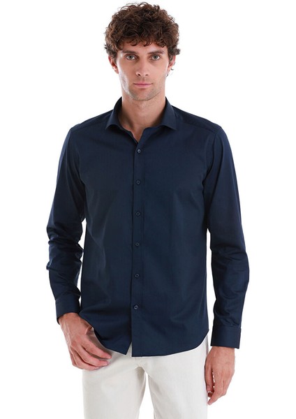 Lacivert Slim Fit 100% Pamuk Açık Italyan Yaka Uzun Kollu Saten Gömlek