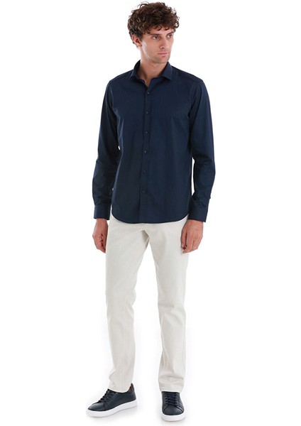 Lacivert Slim Fit 100% Pamuk Açık Italyan Yaka Uzun Kollu Saten Gömlek fiyatları