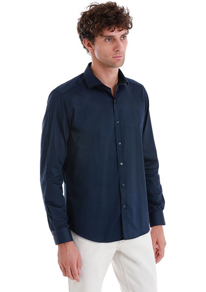 Lacivert Slim Fit 100% Pamuk Açık Italyan Yaka Uzun Kollu Saten Gömlek fırsatları