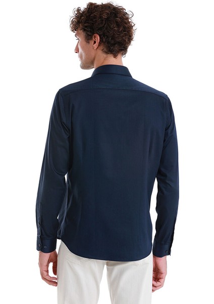 Lacivert Slim Fit 100% Pamuk Açık Italyan Yaka Uzun Kollu Saten Gömlek