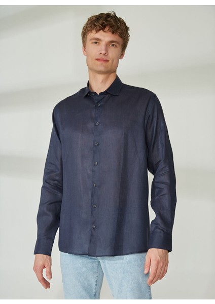 Gmg Fırenze Slim Fit Alttan Britli Yaka Lacivert Erkek Gömlek GU23MSS02012