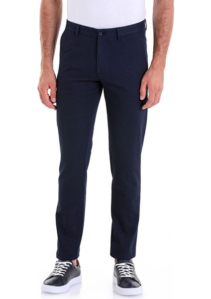 Lacivert Slim Fit Desenli Pamuklu Yandan Cep Kanvas Pantolon