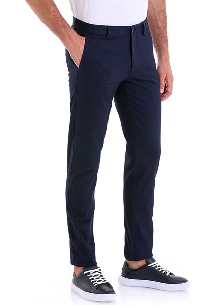 Lacivert Slim Fit Desenli Pamuklu Yandan Cep Kanvas Pantolon