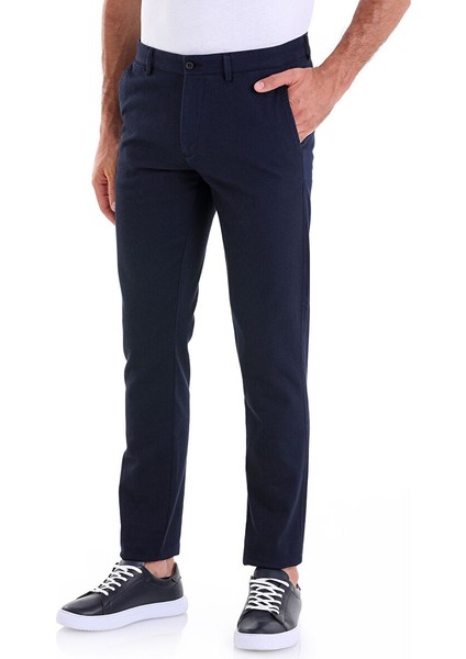 Lacivert Slim Fit Desenli Pamuklu Yandan Cep Kanvas Pantolon