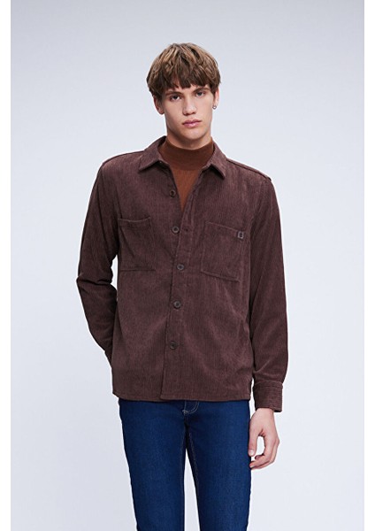 Kahverengi Regular Fit Shacket Uzun Kol Fitilli Kadife Gömlek