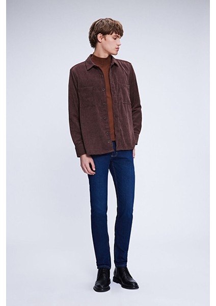 Kahverengi Regular Fit Shacket Uzun Kol Fitilli Kadife Gömlek