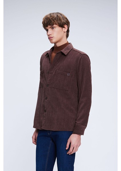 Kahverengi Regular Fit Shacket Uzun Kol Fitilli Kadife Gömlek