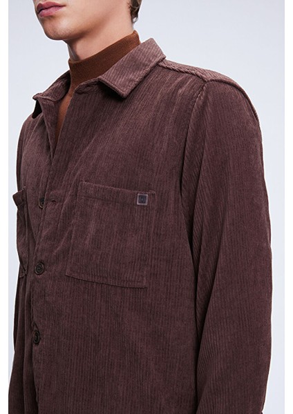 Kahverengi Regular Fit Shacket Uzun Kol Fitilli Kadife Gömlek