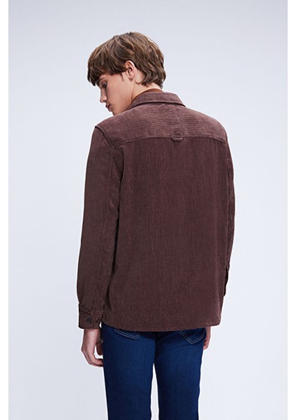 Kahverengi Regular Fit Shacket Uzun Kol Fitilli Kadife Gömlek