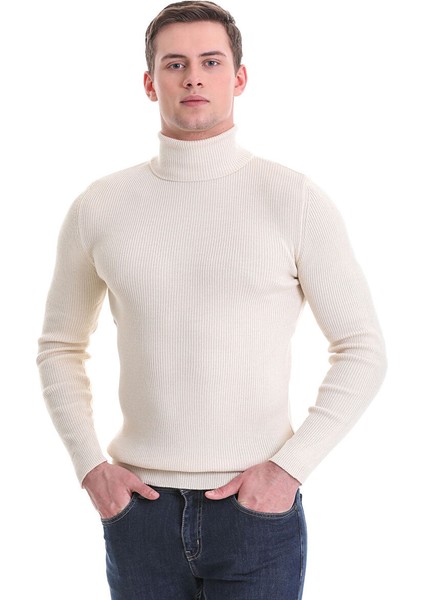 Bej Slim Fit Fitilli Balıkçı Yaka Yünlü Triko Kazak