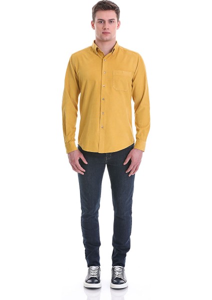 Hardal Slim Fit 100% Pamuklu Düğmeli Yaka Uzun Kollu Klasik Gömlek