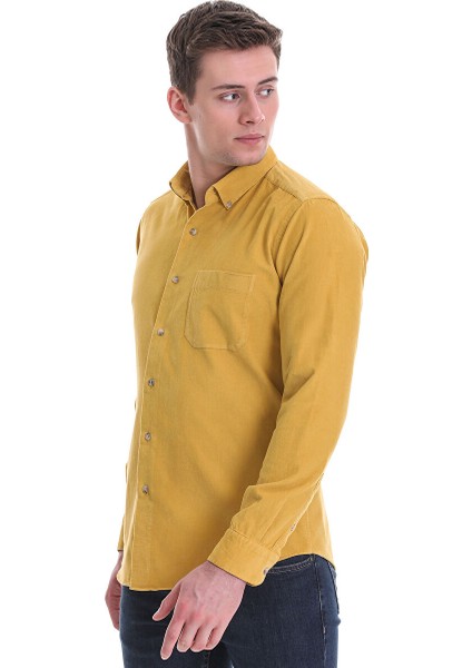 Hardal Slim Fit 100% Pamuklu Düğmeli Yaka Uzun Kollu Klasik Gömlek