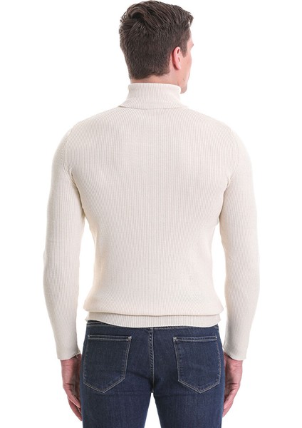 Bej Slim Fit Fitilli Balıkçı Yaka Yünlü Triko Kazak