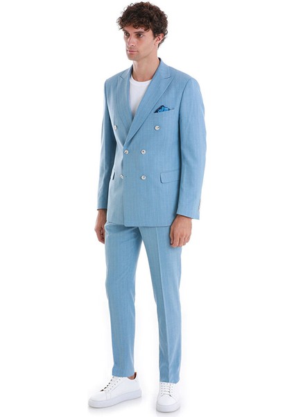 Mavi Slim Fit Çizgili Kruvaze Takım Elbise