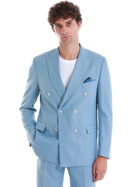 Mavi Slim Fit Çizgili Kruvaze Takım Elbise fiyatları