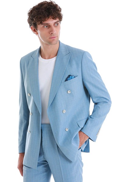 Mavi Slim Fit Çizgili Kruvaze Takım Elbise modelleri