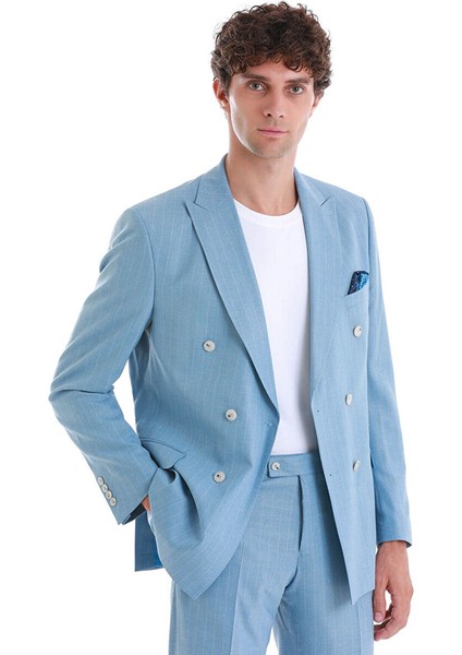 Mavi Slim Fit Çizgili Kruvaze Takım Elbise fırsatları