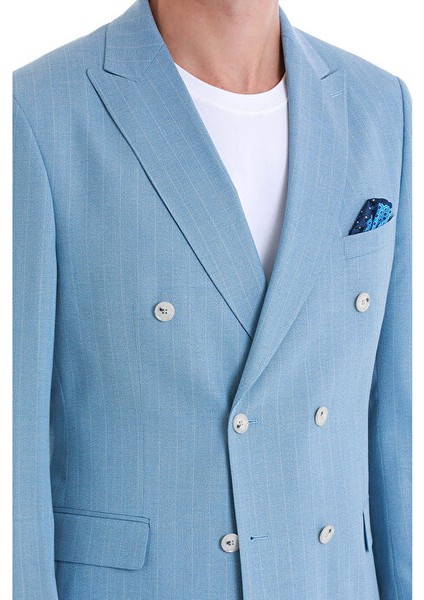 Mavi Slim Fit Çizgili Kruvaze Takım Elbise