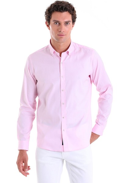 Pembe Comfort Fit Düz 100% Pamuk Düğmeli Yaka Uzun Kollu Casual Gömlek