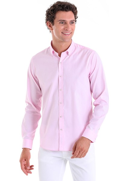 Pembe Comfort Fit Düz 100% Pamuk Düğmeli Yaka Uzun Kollu Casual Gömlek fiyatları