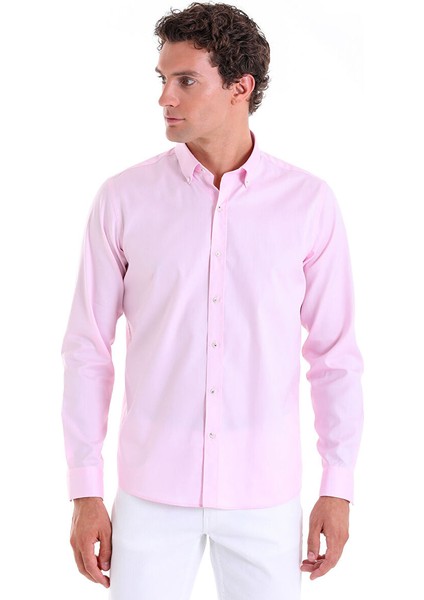 Pembe Comfort Fit Düz 100% Pamuk Düğmeli Yaka Uzun Kollu Casual Gömlek modelleri