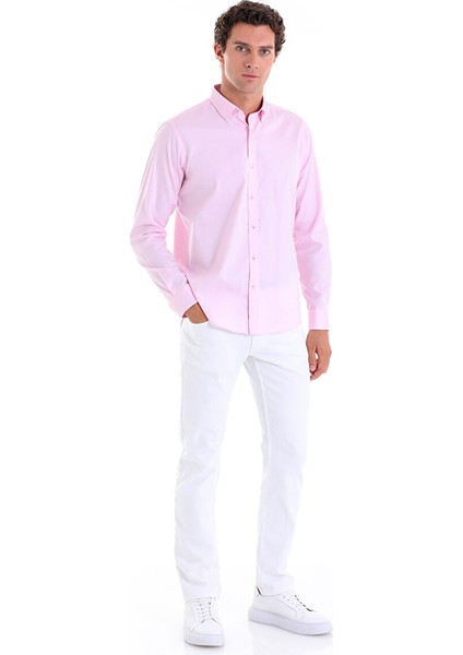 Pembe Comfort Fit Düz 100% Pamuk Düğmeli Yaka Uzun Kollu Casual Gömlek indirimleri