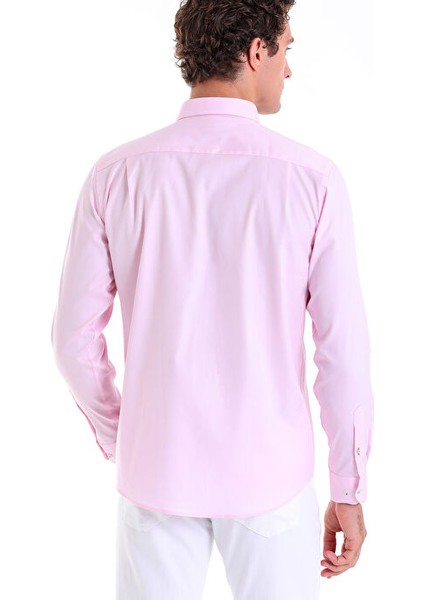 Pembe Comfort Fit Düz 100% Pamuk Düğmeli Yaka Uzun Kollu Casual Gömlek