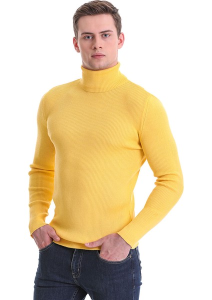 Sarı Slim Fit Fitilli Balıkçı Yaka Yünlü Triko Kazak