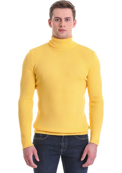Sarı Slim Fit Fitilli Balıkçı Yaka Yünlü Triko Kazak