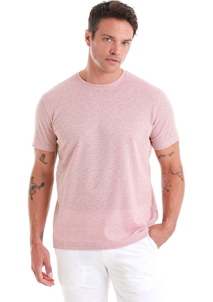 Pembe Regular Fit Jakarlı Bisiklet Yaka Keten Tişört